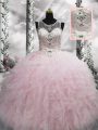 Discount Tulle Scoop Sleeveless Lace Up Beading and Ruffles Sweet 16 Dress in Baby Pink