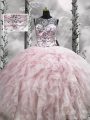 Suitable Pink Ball Gowns Scoop Sleeveless Tulle Floor Length Zipper Beading and Ruffles Sweet 16 Dresses