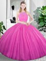 Low Price Sleeveless Organza Floor Length Zipper Ball Gown Prom Dress in Fuchsia with Lace and Ruching
