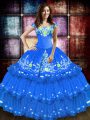 Floor Length Blue Sweet 16 Dress Off The Shoulder Sleeveless Lace Up