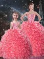 Coral Red Sweetheart Lace Up Beading and Ruffles Vestidos de Quinceanera Sleeveless