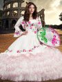 Long Sleeves Organza Floor Length Lace Up 15th Birthday Dress in White with Embroidery and Ruffled Layers