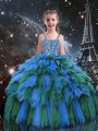 Spectacular Floor Length Blue Little Girl Pageant Dress Straps Sleeveless Lace Up