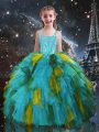 Elegant Aqua Blue Tulle Lace Up Pageant Dress Womens Short Sleeves Floor Length Beading and Ruffles
