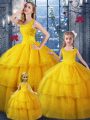 Modern Sleeveless Floor Length Ruffled Layers Lace Up Quinceanera Dress with Gold