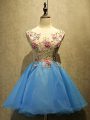 Baby Blue Scoop Neckline Embroidery Prom Gown Sleeveless Lace Up