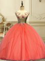 Affordable Orange Red Lace Up Scoop Appliques Ball Gown Prom Dress Organza Sleeveless