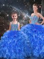 Glittering Sleeveless Organza Floor Length Lace Up Sweet 16 Dress in Royal Blue with Beading and Ruffles