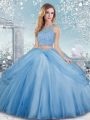Sweet Baby Blue Ball Gowns Scoop Sleeveless Tulle Floor Length Clasp Handle Beading Quince Ball Gowns