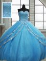 Sleeveless Floor Length Beading and Appliques and Sequins Lace Up 15th Birthday Dress with Baby Blue