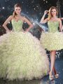Yellow Green Sleeveless Beading and Ruffles Floor Length Quince Ball Gowns