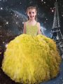 Glorious Light Yellow Organza Lace Up Straps Sleeveless Floor Length Pageant Dress for Girls Beading and Ruffles