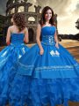 Dramatic Blue Sleeveless Embroidery and Ruffled Layers Floor Length Quince Ball Gowns