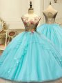 Amazing Aqua Blue Lace Up Quinceanera Dress Appliques Sleeveless Floor Length