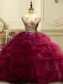 Sleeveless Floor Length Appliques and Ruffles and Sequins Lace Up Quinceanera Gowns with Burgundy