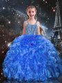 Fantastic Blue Sleeveless Floor Length Beading and Ruffles Lace Up Pageant Dress for Teens