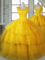 Gold Straps Lace Up Ruffled Layers Ball Gown Prom Dress Sleeveless