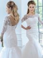 Admirable White Mermaid Tulle Scoop Half Sleeves Lace Lace Up Bridal Gown Brush Train
