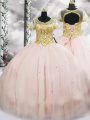 Modest Pink Lace Up Scoop Beading Quinceanera Gown Tulle Short Sleeves