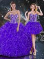 Customized Floor Length Purple Ball Gown Prom Dress Organza Sleeveless Beading and Ruffles