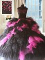 Customized Pink And Black Ball Gowns Sweetheart Sleeveless Tulle Floor Length Lace Up Beading and Ruffles Sweet 16 Dresses