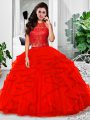 Halter Top Sleeveless Quinceanera Dresses Floor Length Lace and Ruffles Red Tulle
