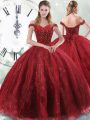 Sumptuous Off The Shoulder Sleeveless Tulle Sweet 16 Dresses Beading Brush Train Lace Up