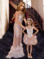 V-neck Sleeveless Tulle Prom Gown Beading and Ruffles and Sequins Brush Train Zipper