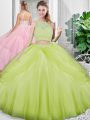 Most Popular Sleeveless Floor Length Lace and Ruching Lace Up Quinceanera Gown with Yellow Green