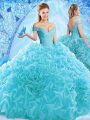 Latest Aqua Blue Ball Gowns Off The Shoulder Cap Sleeves Organza Brush Train Lace Up Ruffles and Pick Ups Quinceanera Dress