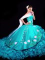 Sweetheart Sleeveless Brush Train Lace Up Sweet 16 Dresses Aqua Blue Organza
