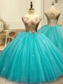 High Class Ball Gowns Quinceanera Dresses Aqua Blue Scoop Tulle Sleeveless Floor Length Lace Up