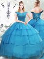 Baby Blue Organza Lace Up Quince Ball Gowns Sleeveless Brush Train Beading and Ruffled Layers