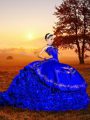 Royal Blue Sleeveless Brush Train Embroidery and Ruffles Quince Ball Gowns