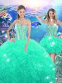 Superior Organza Sweetheart Sleeveless Lace Up Beading and Ruffles Quinceanera Gowns in Turquoise