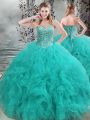 Turquoise Lace Up Sweetheart Beading and Ruffles Quinceanera Gown Organza Sleeveless