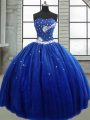 Exquisite Royal Blue Sleeveless Floor Length Beading Lace Up Ball Gown Prom Dress