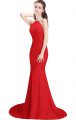 Red Elastic Woven Satin Side Zipper Halter Top Sleeveless Prom Dress Brush Train Beading