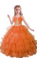 Custom Made Orange Red Sleeveless Floor Length Beading and Ruffled Layers Zipper Child Pageant Dress