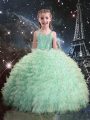 Turquoise Organza Lace Up Little Girl Pageant Dress Sleeveless Floor Length Beading and Ruffles