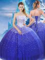 Extravagant Sleeveless Floor Length Beading Lace Up Quinceanera Dresses with Blue