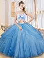 Hot Selling Floor Length Baby Blue Sweet 16 Quinceanera Dress Tulle Sleeveless Beading and Ruching and Pick Ups