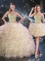 Light Yellow Ball Gowns Sweetheart Sleeveless Organza Floor Length Lace Up Beading and Ruffles Quinceanera Dress