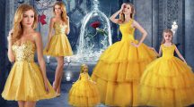 Straps Sleeveless 15 Quinceanera Dress Floor Length Ruffled Layers Gold Organza