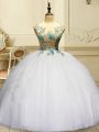Flare Organza Sleeveless Floor Length Ball Gown Prom Dress and Appliques and Ruffles