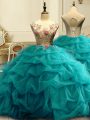 Modest Teal Lace Up Scoop Appliques and Ruffles and Sequins Sweet 16 Quinceanera Dress Organza Sleeveless