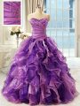 Eggplant Purple Sleeveless Floor Length Beading and Ruffles Lace Up 15th Birthday Dress