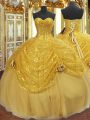 Pick Ups and Hand Made Flower 15 Quinceanera Dress Gold Lace Up Sleeveless Floor Length
