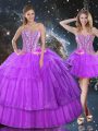 Stylish Ruffled Layers Quinceanera Gown Purple Lace Up Sleeveless Floor Length