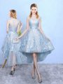 Edgy A-line Wedding Guest Dresses Light Blue Scoop Tulle and Printed Sleeveless High Low Zipper